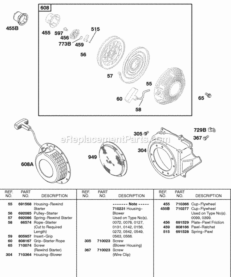 Blower Housing Rewind Starter Diagram and Parts List for  Briggs and Stratton Engine